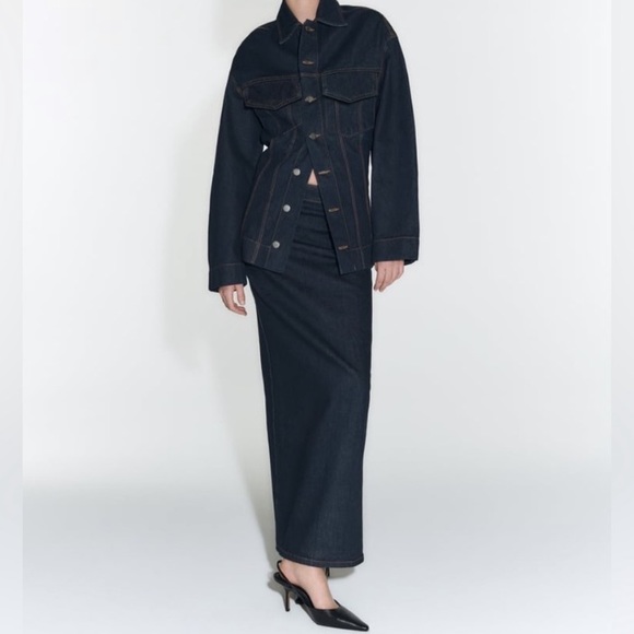 Zara Dresses & Skirts - Zara Denim Maxi Skirt Size Large Dark Wash Back High Slit Stretch